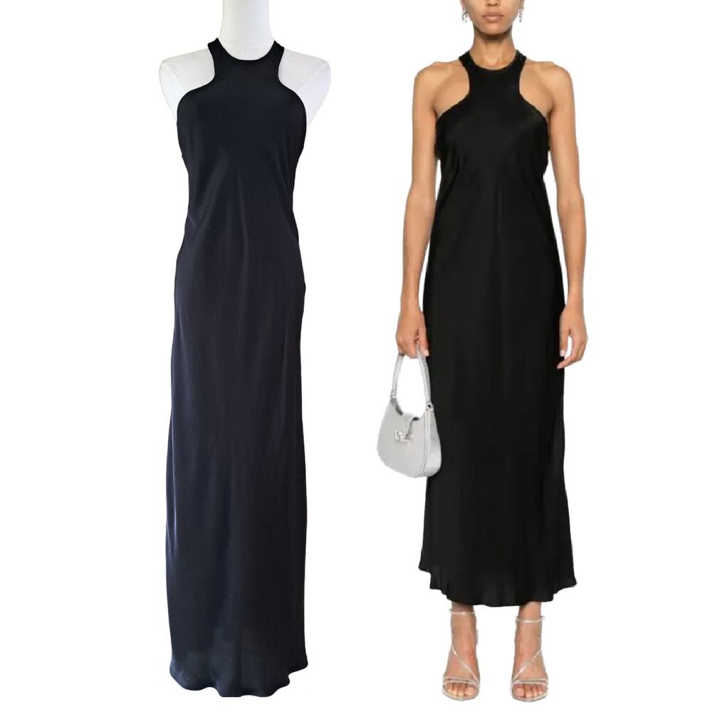 ALLSAINTS Betina Black Satin Halter Racerback Midi Maxi Slip Dress 6 US